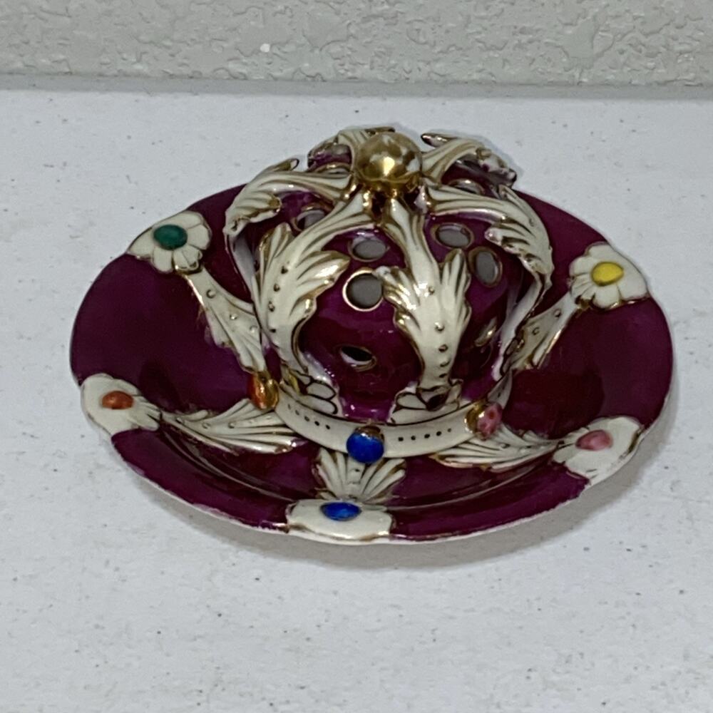VTG Occupied Japan Ardalt Royal Crown Flower Frog Pin Holder With Plate Burgundy